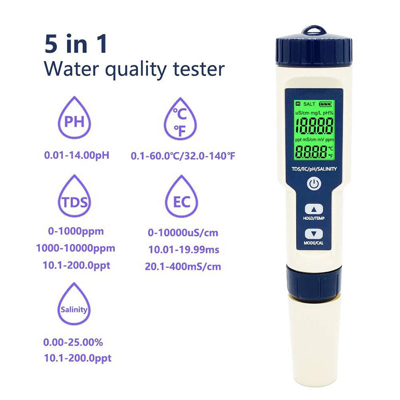多パラメータ pH メーター 5 in 1 TDS/EC/塩分度/TEMP 交換可能な電極を搭載した試験器